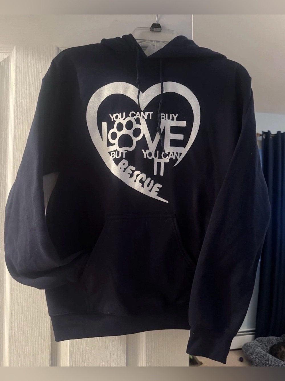 Navy Blue S Pullover "You Can't Buy Love, But You Can Rescue It" Quote Hoodie